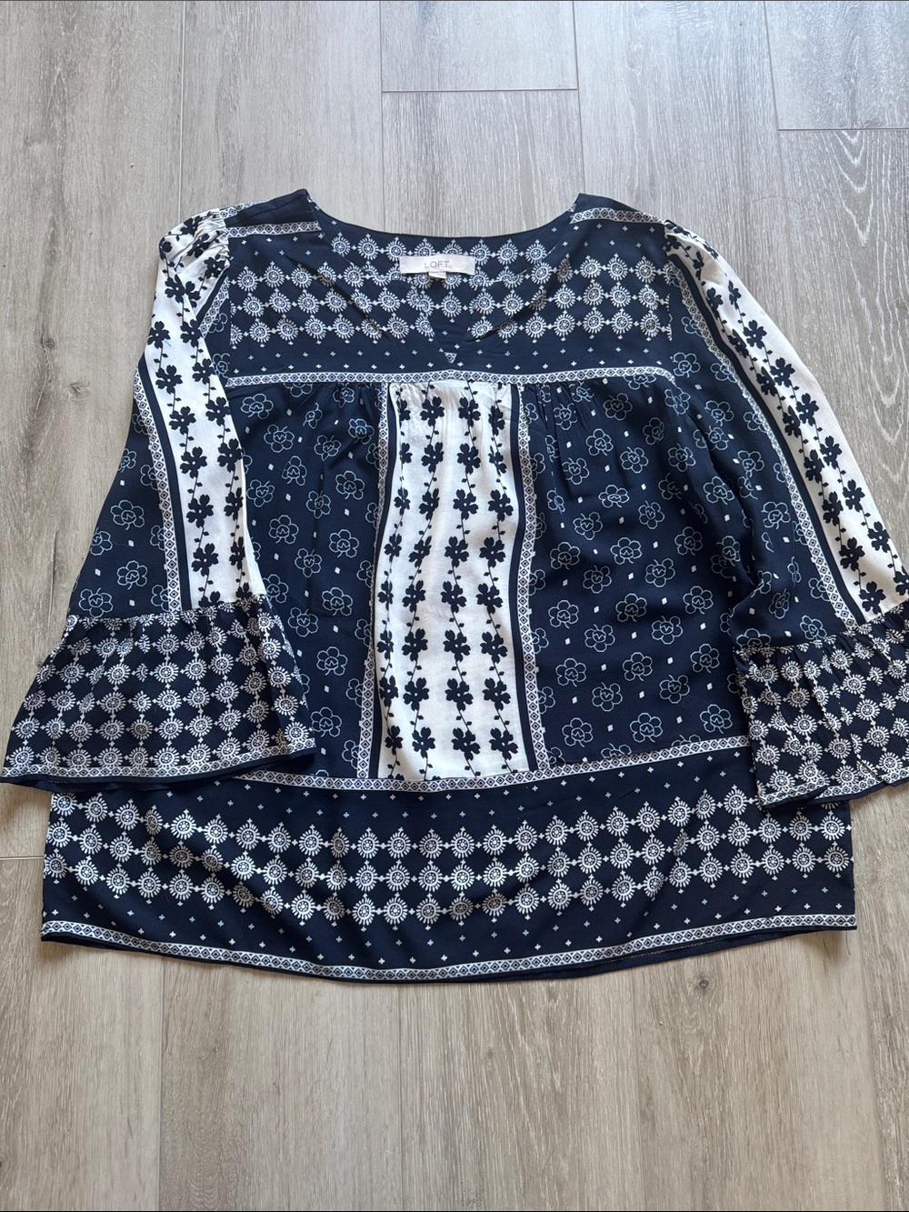 LOFT Navy and White Printed Peasant Blouse